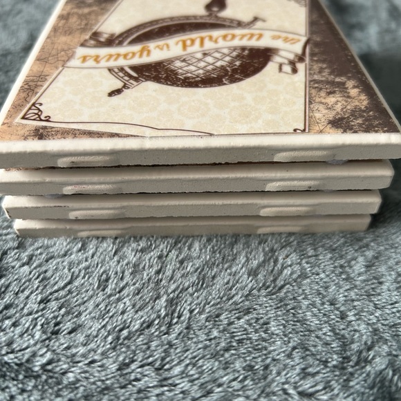 Handmade Ceramic Coaster Set Paris World Map Cream Square Set of Four - Picture 5 of 6